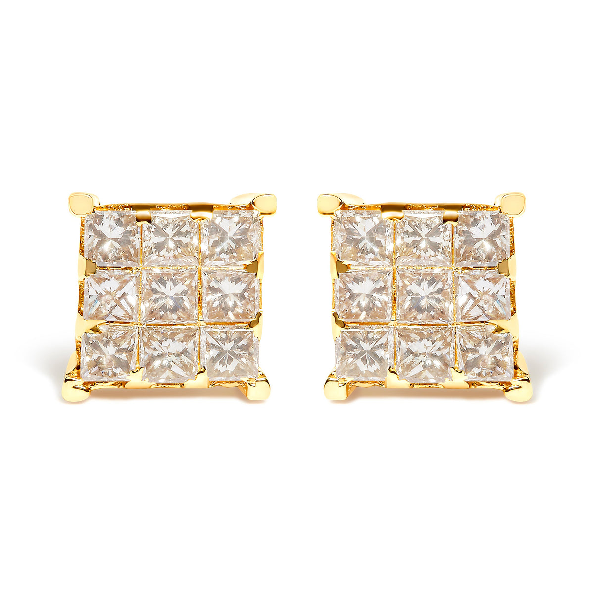 14K Yellow Gold 1 1/2 Cttw Invisible Set Princess-Cut Diamond 9 Stone Square Stud Earrings (J-K Color, SI2-I1 Clarity)
