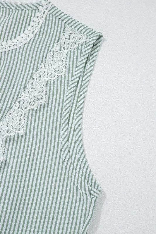 Meredith Stripe Lace Patchwork Crew Neck Tank Top