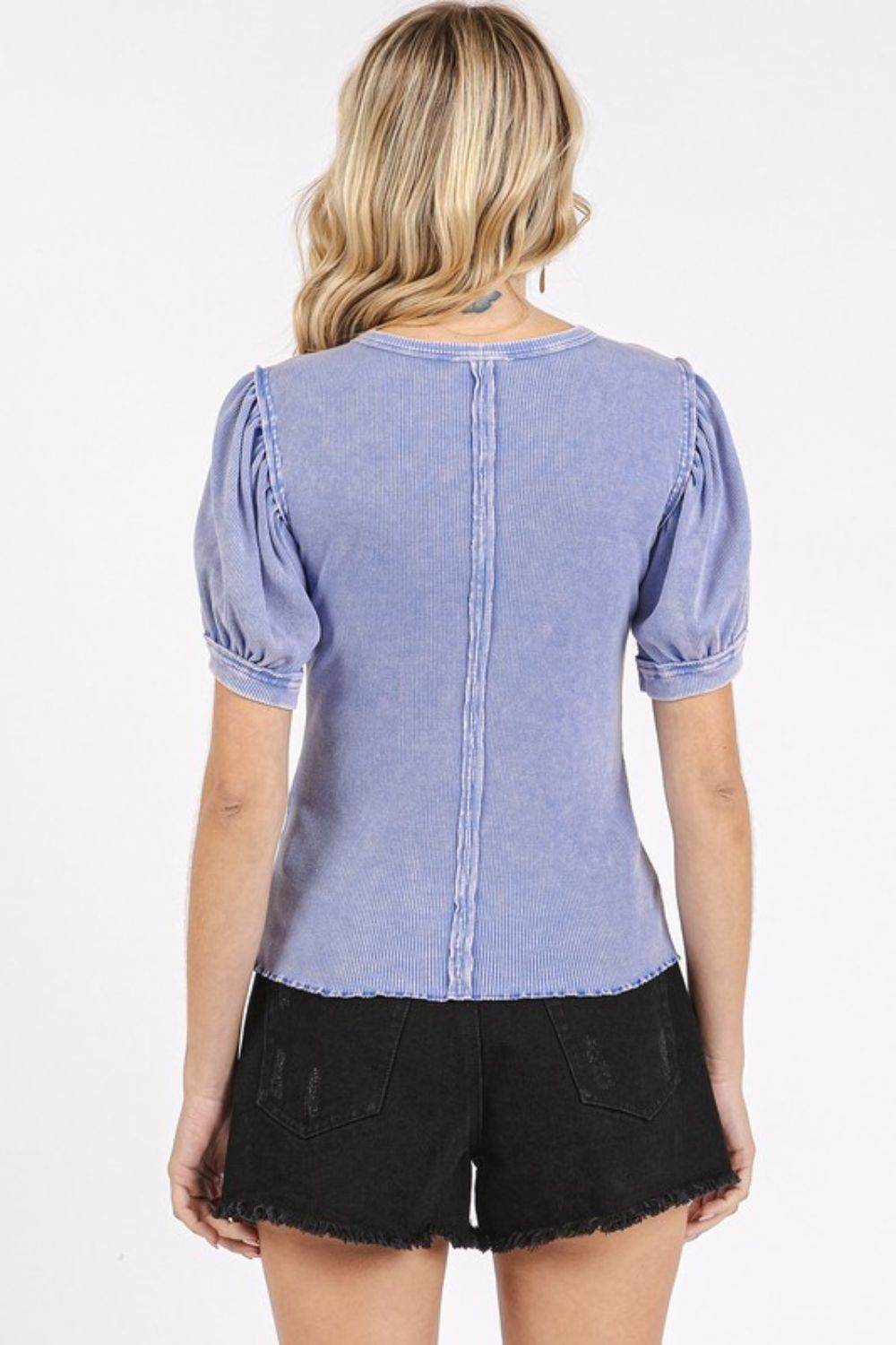 Mittoshop Mineral Wash Puff Sleeve Rib Knit Top
