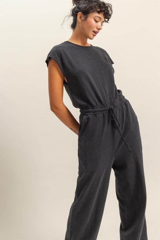 HYFVE Back Keyhole Round Neck Cap Sleeve Drawstring Jumpsuit