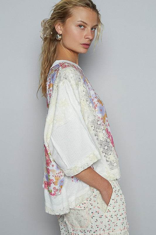 POL Floral Lace Patch Round Neck Double Gauze Top