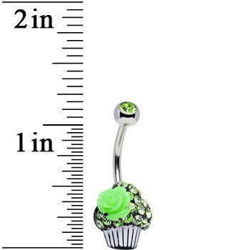 Green Gem Paved Rose Flower Topped Cupcake Belly Ring