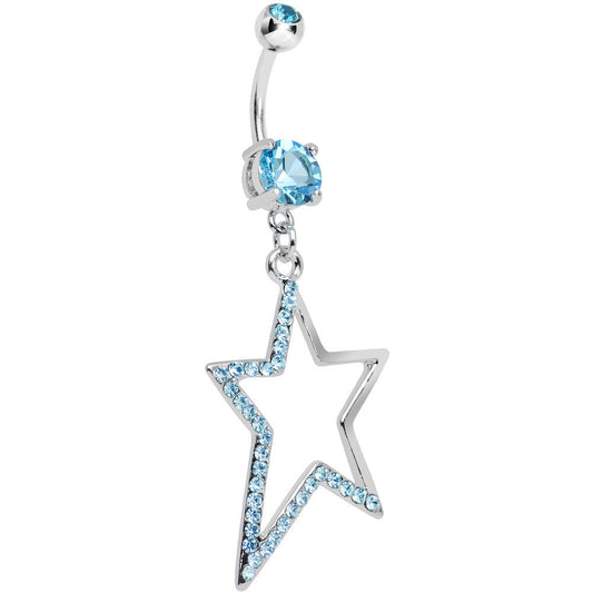 Double Aqua Gem Hollow Warped Star Dangle Belly Ring
