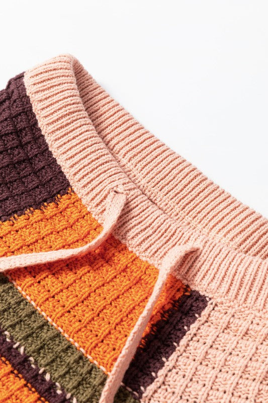 Colorblock Waffle Knit Drawstring Mock Neck Sweate