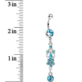 Aqua Gem Antique Scrolls and Flower Dangle Belly Ring