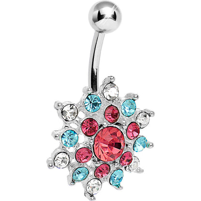 Crystalline Pink Aqua Gem Bursting Flower Belly Ring