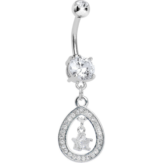 Crystalline Paved Hollow Raindrop and Gem Star Dangle Belly Ring