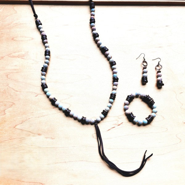 xxFrosted Aqua Terra and Wood Stretch Bracelet