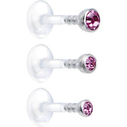 16G 1/4 Pink Gem Bioplast Triple Forward Helix Barbell 3 Pack Set