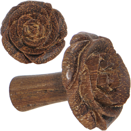 6G Organic Teak Wood Mocha Rosebud Hand Carved Plug Set