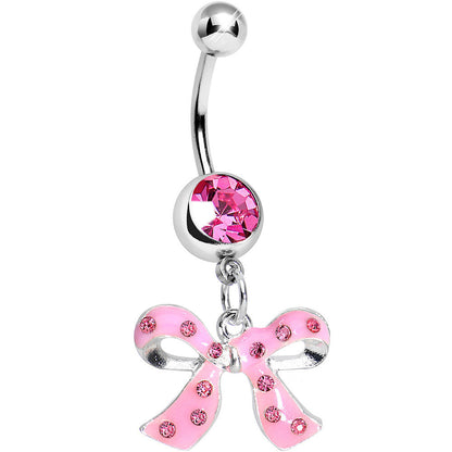 Pink Gem Polka Dotted Girly Bow Dangle Belly Ring