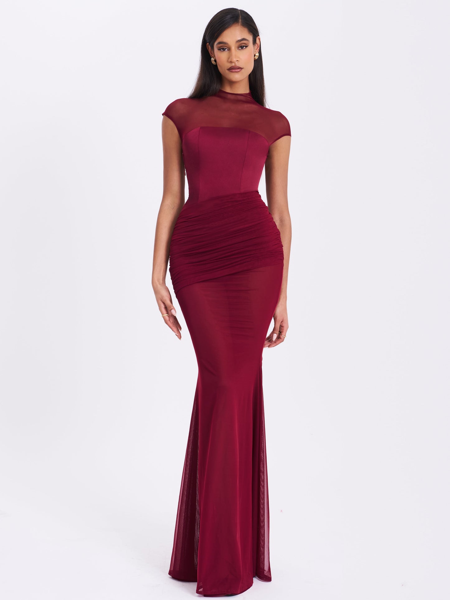 Fabienne Burgundy Mesh Cap Sleeve Mermaid Gown