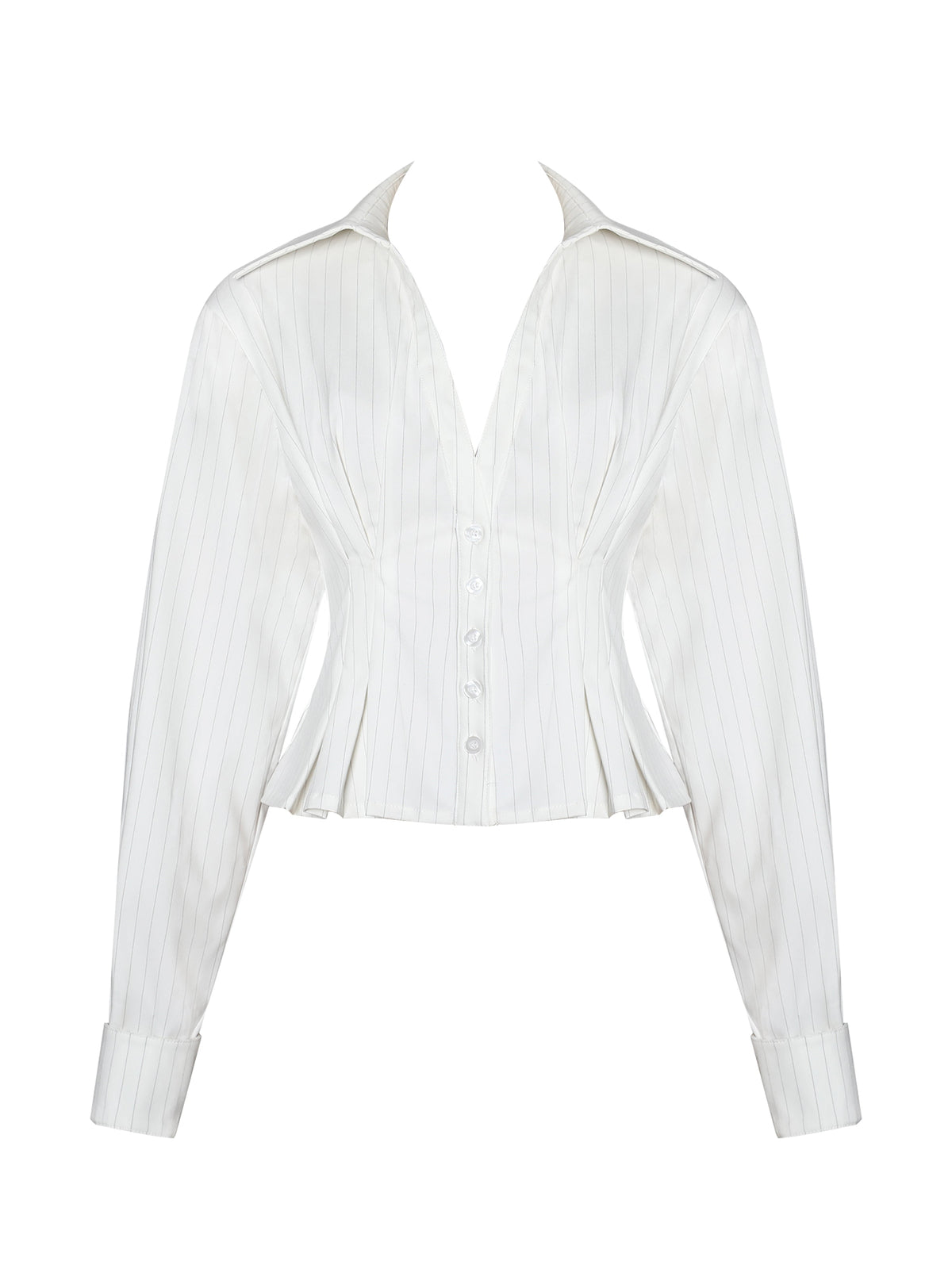 Sylvia White Pinstripe Deep V Pleated Shirt