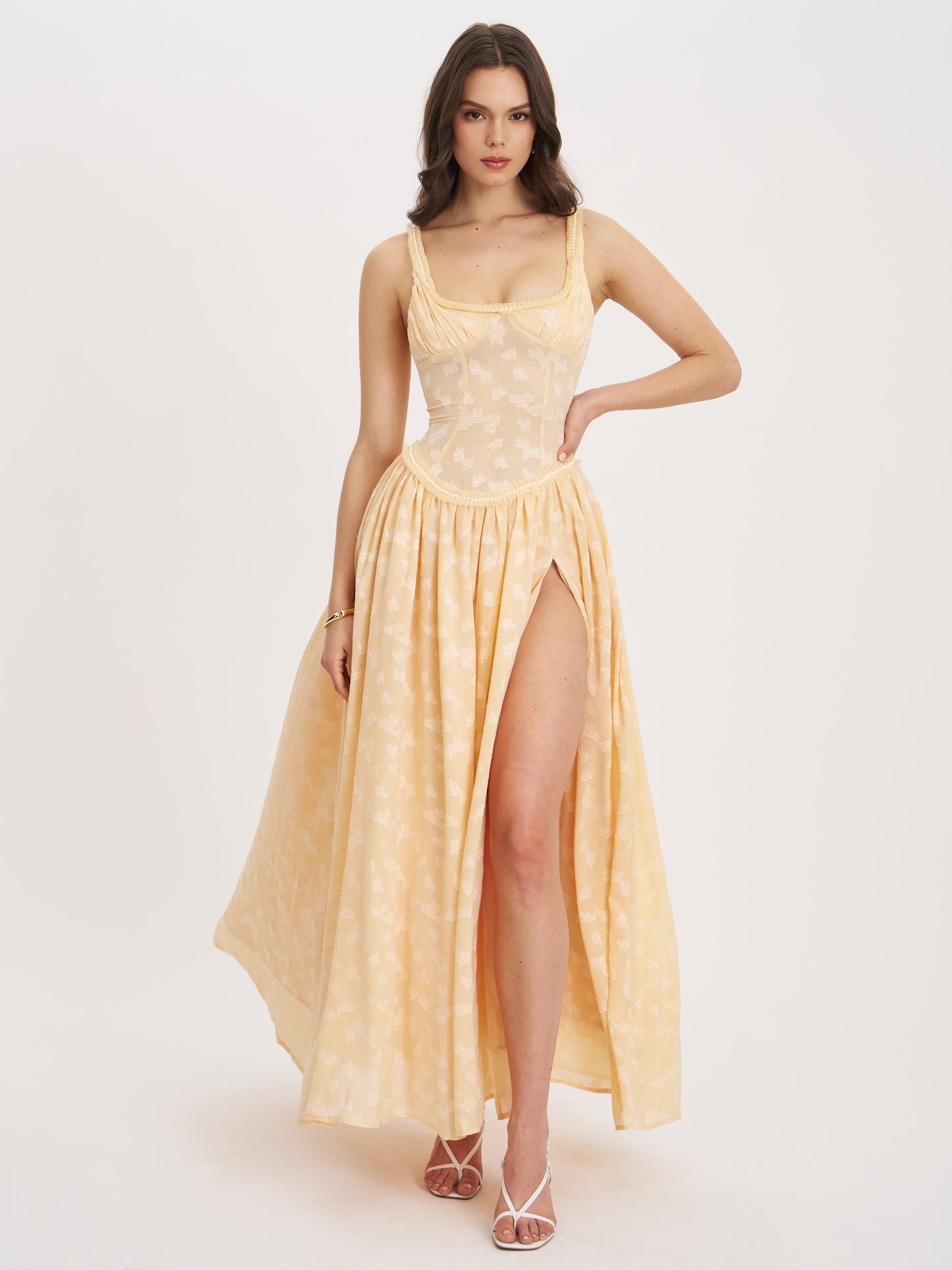 Ulissa Orange Square Neck Jacquard Textured High Slit Maxi Dress