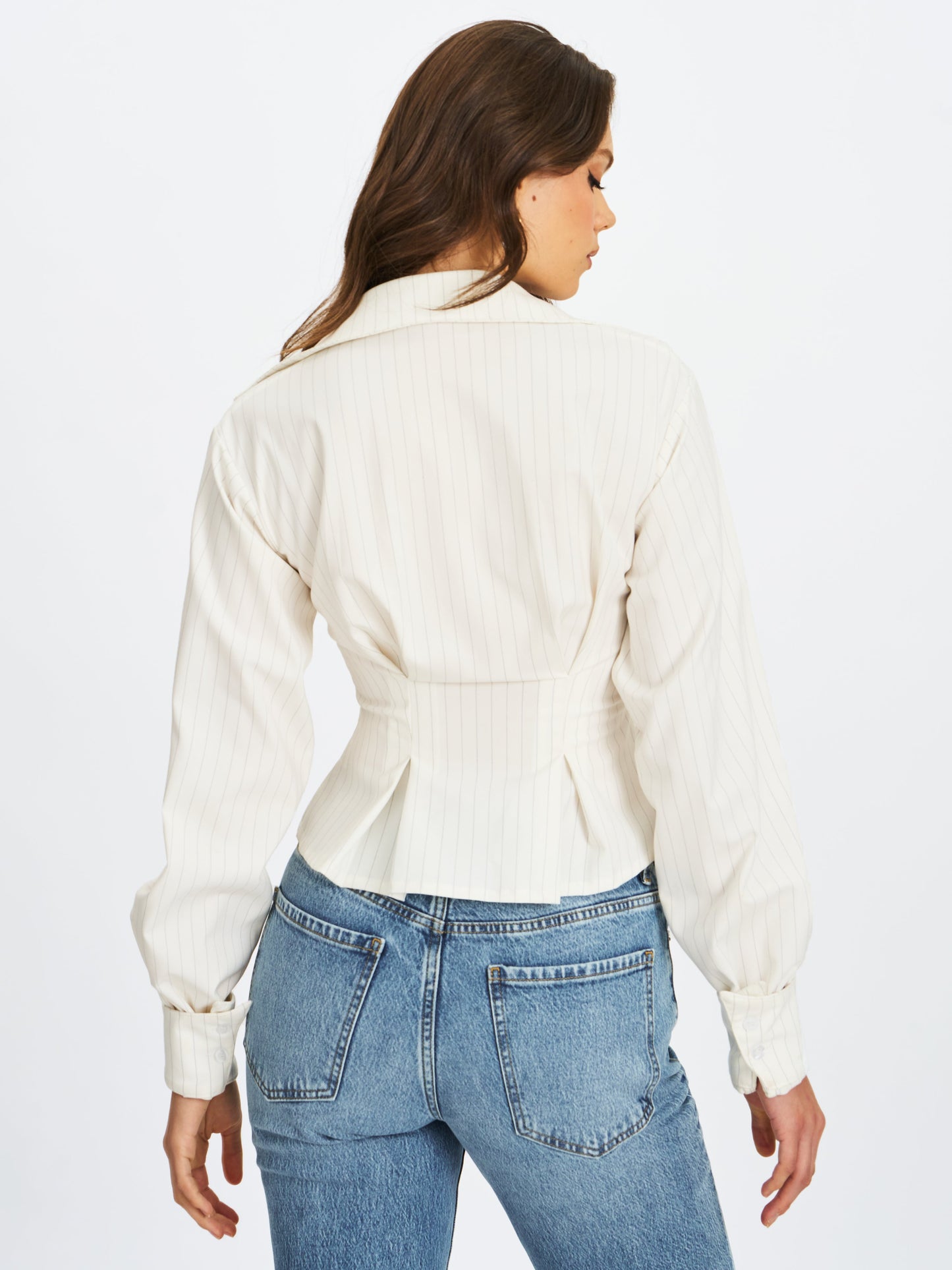 Sylvia White Pinstripe Deep V Pleated Shirt