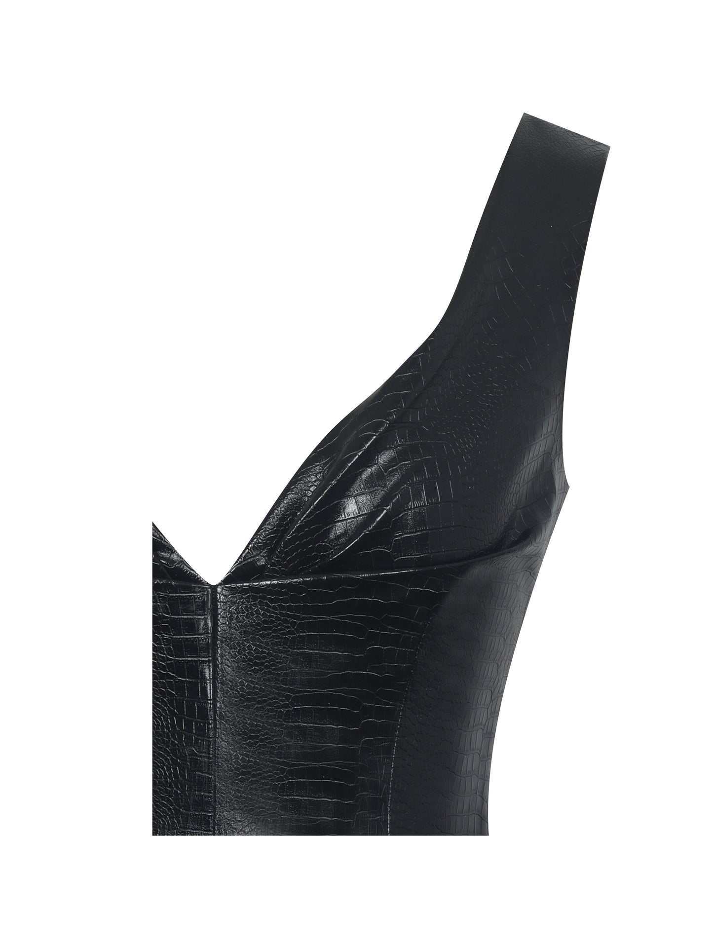 Quilia Black Vegan Crocodile Leather Plunge Mini Dress