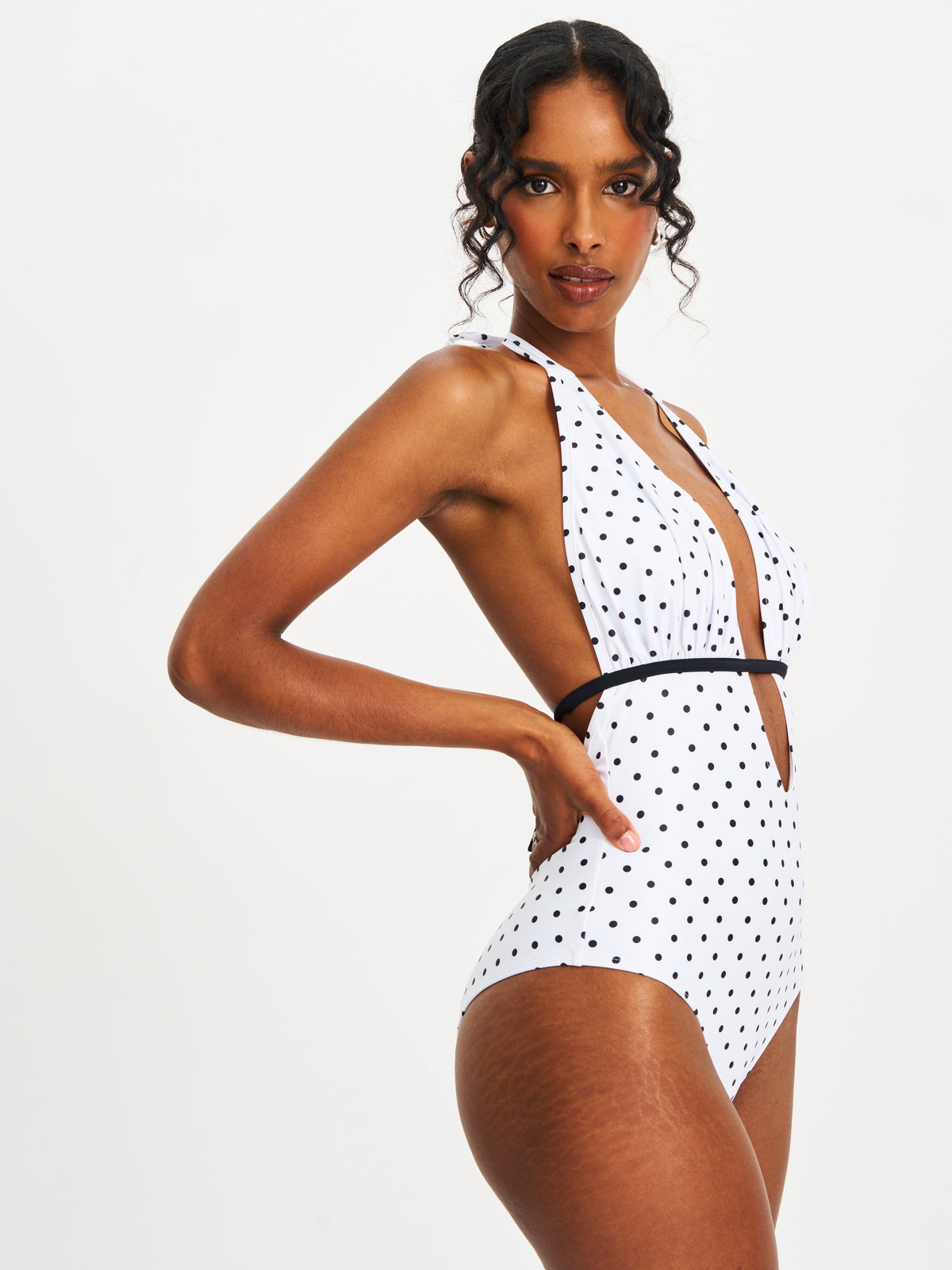 Olive White Base Polka Dot Ruched Halter Backless Swimsuit