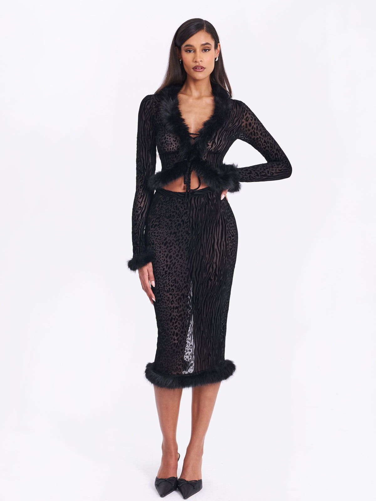 Hali Black Animal Print Burnout Velvet Fur Trim Top
