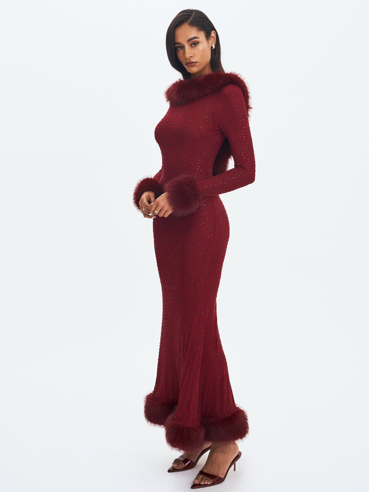 Melrose Burgundy Petite-Length Rhinestone Mesh Low Back Mermaid Gown