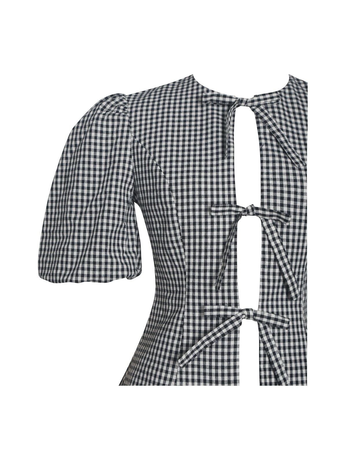 Qusayla Black Gingham Bubble Sleeve Bowtie Top