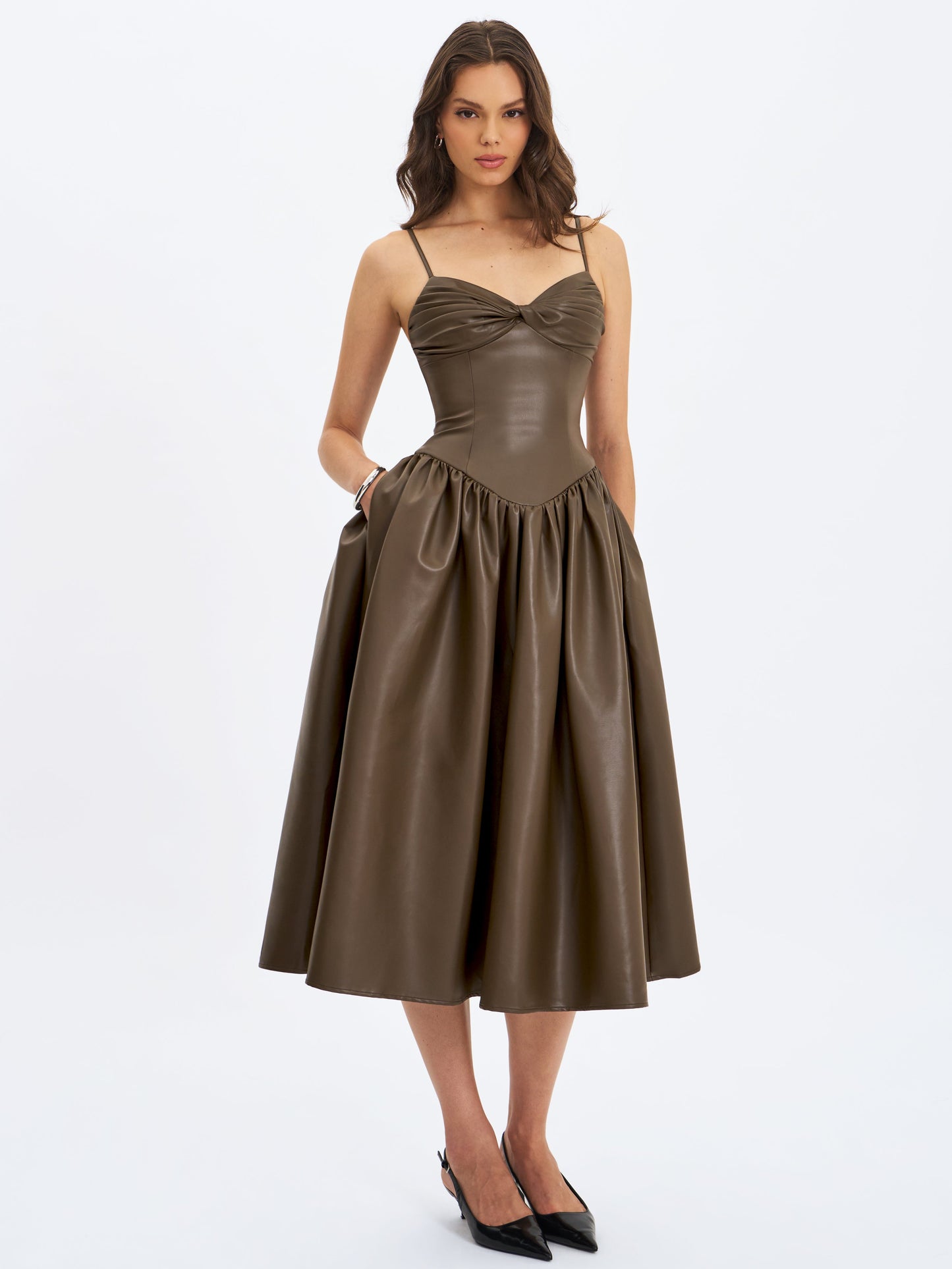 Parisia Cocoa Vegan Leather Drop Waist Midi Dress