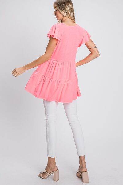 Heimish Full Size Tiered Round Neck Ruffle Sleeve Top Plus Size