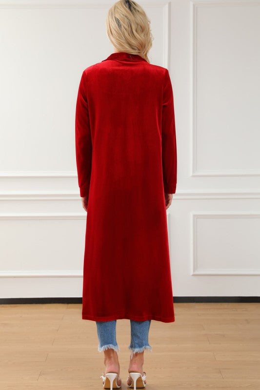 Velvet Open-Front Pocketed Cardigan