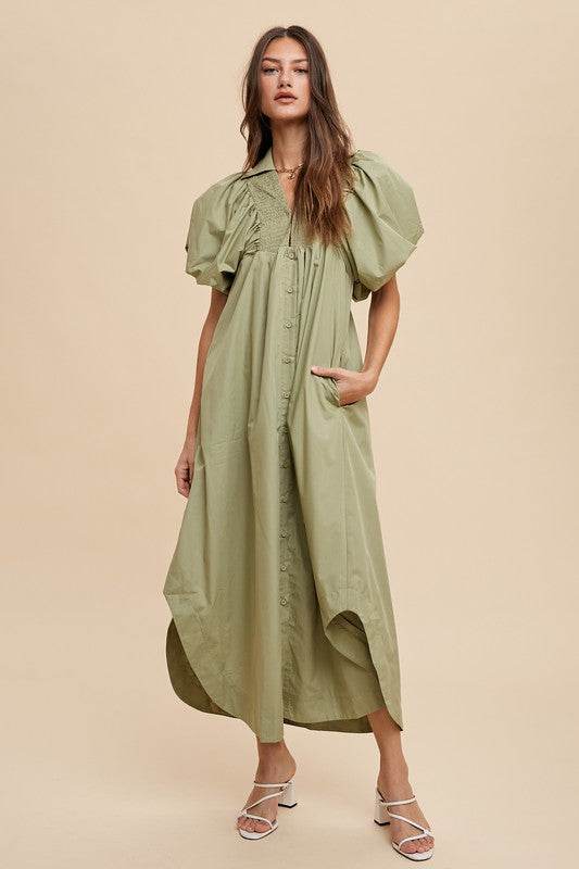 Annie Wear Smocked Puff Sleeve Midi Dress - Stylish and Comfortable