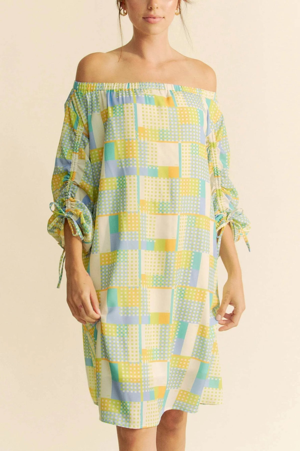 Davi & Dani Printed Off Shoulder Drawstring Sleeve Mini Dress