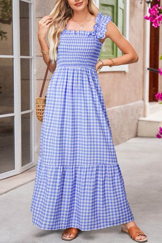 Blue Gingham plaid check maxi dress