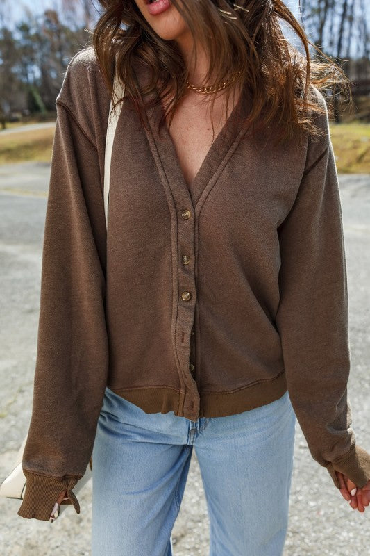 Solid Button Front V-Neck Cardigan