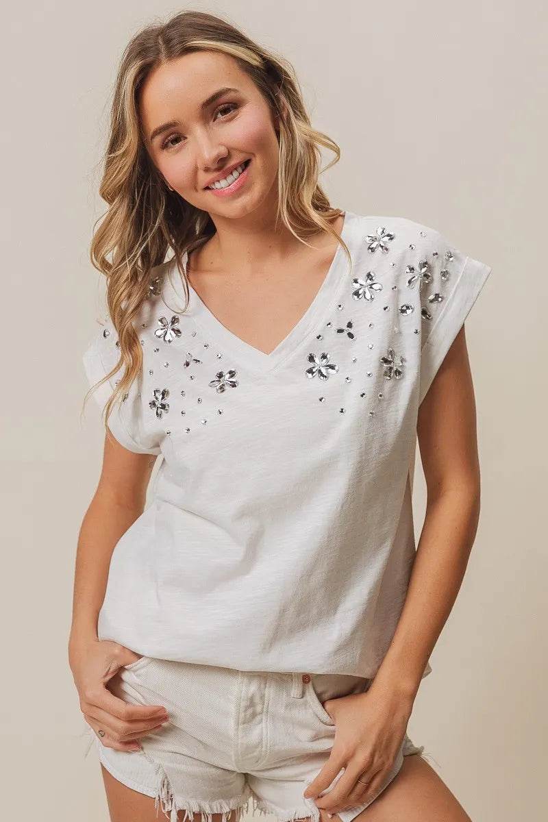 BiBi Slub Jersey Rhinestone V Neck Top