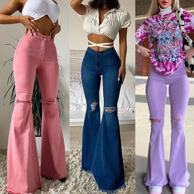 Stretch Denim Trousers With Ripped Frayed Flared Trousers