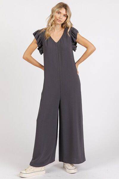 Mittoshop V-Neck Ruffled Jumpsuit with Cap Sleeves and Wide Leg Design