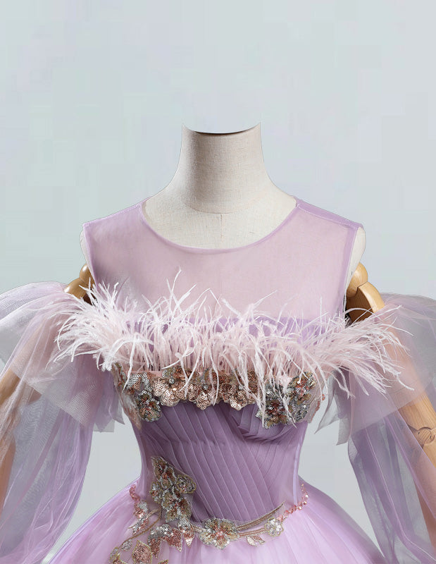 Lavender long prom dress gown,Straps feather elegant party dress for women,Floor length Graduation Ball Dress