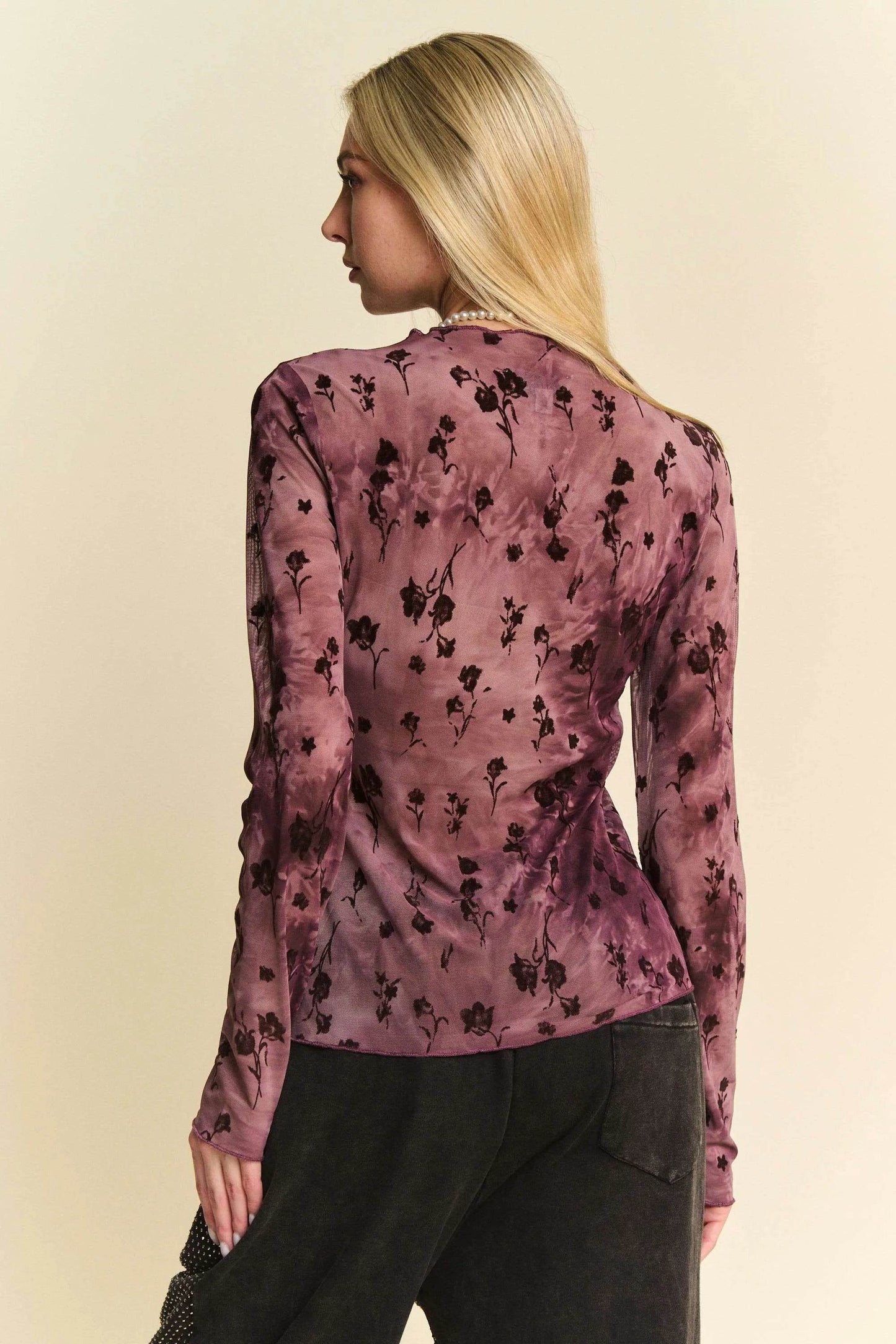 Davi & Dani Floral Mesh Long Sleeve Sheer Layering Top