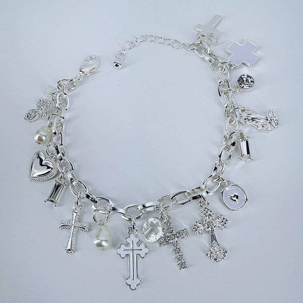Chain Bracelet Cross, Hearts, Charms