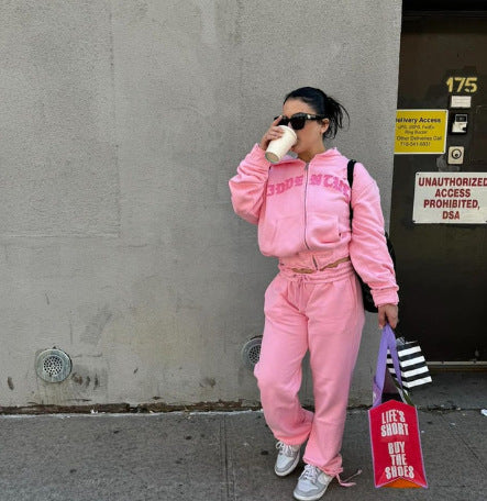 Ins Letter Sports Suit Zip-up Hooded Cropped Sweatshirt Top And Loose Drawstring Trousers