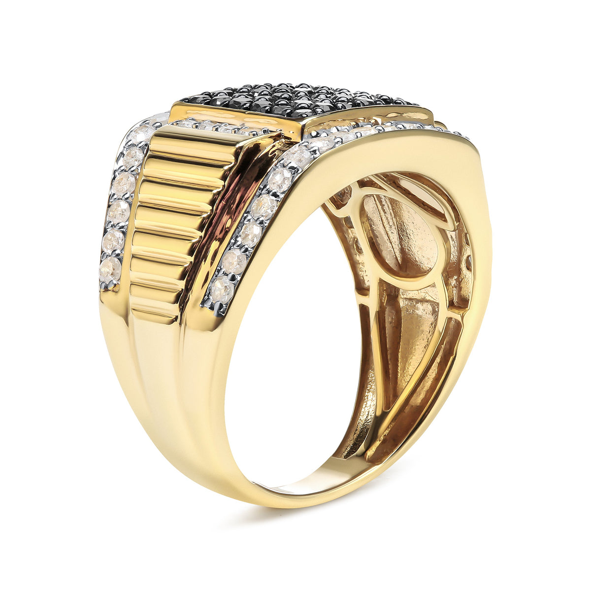 Men's 14K Yellow Gold Plated .925 Sterling Silver 1 1/2 Cttw White and Black Treated Diamond Cluster Ring (Black / I-J Color, I2-I3 Clarity) - Size 10