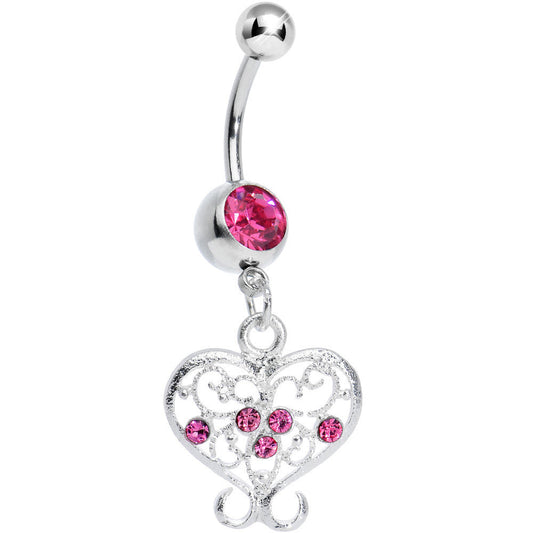 Dark Pink Gem Opulent Scrolled Heart Dangle Belly Ring