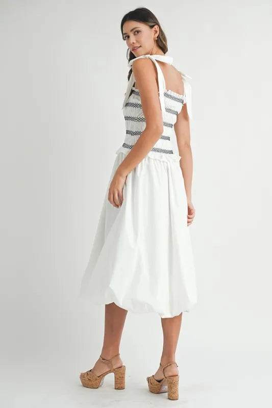MABLE Smocked Bodice Bubble Midi Dress