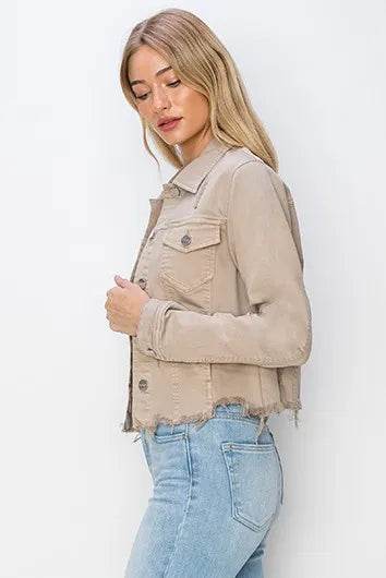 RISEN Full Size Raw Hem Button Up Cropped Denim Jacket Plus Size