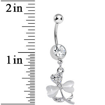 Clear Gem White Pearlescent Petals Flower Dangle Belly Ring