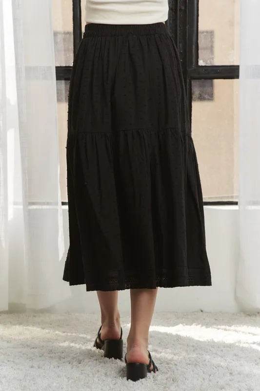 ADORA Elastic Waistband Tiered Midi Skirt