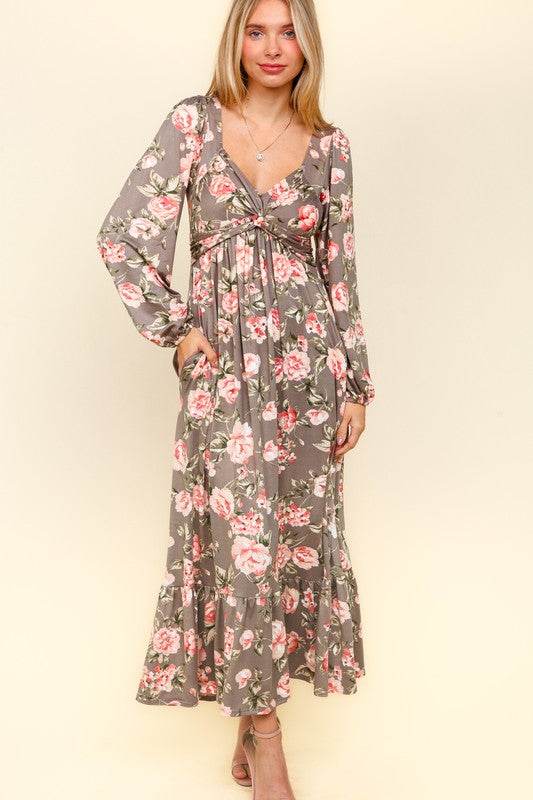 Haptics Twisted Detail Ruffled Hem Floral Dress with Side Pockets