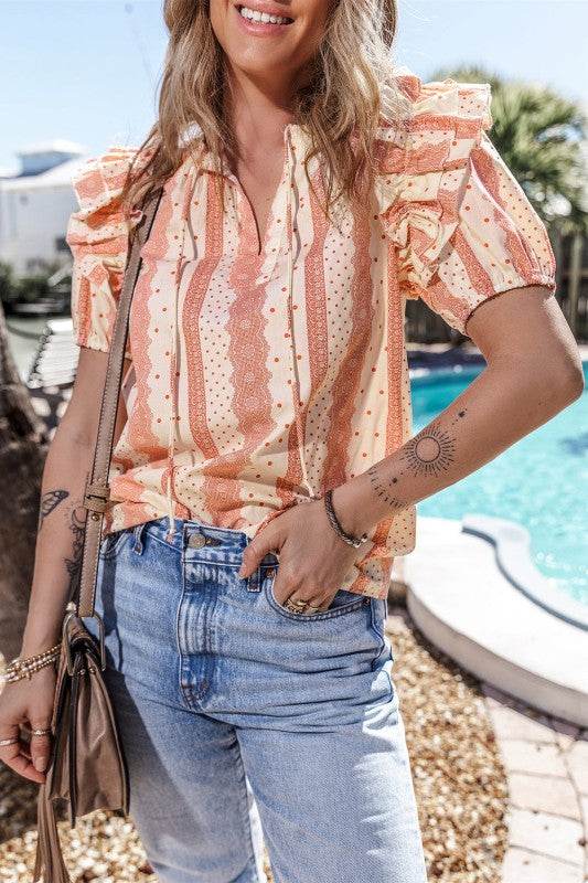Kelsey Frilled Short Puff Sleeve Mixed Print Blous