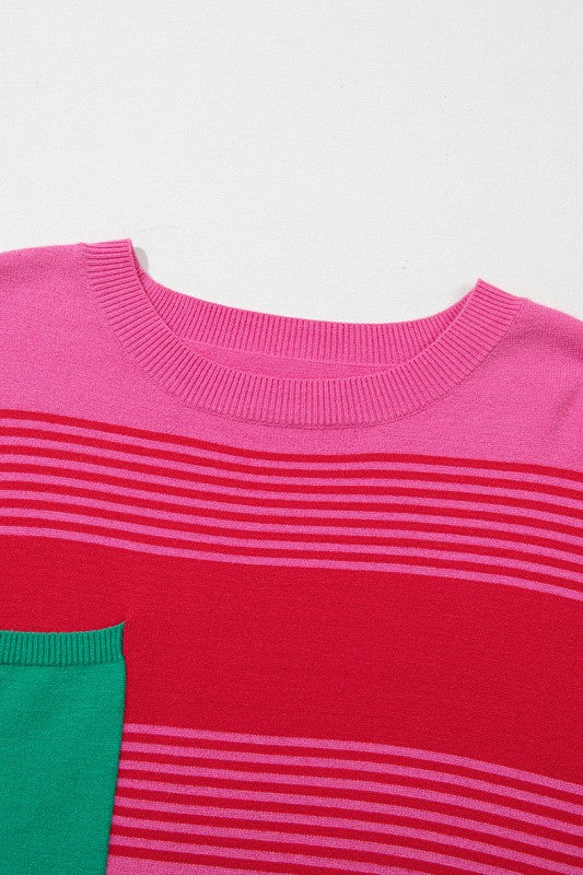 Striped Knit Patch Pocket Drop Shoulder Sweater
