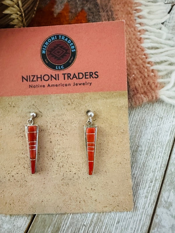 Navajo Sterling Silver & Coral Inlay Dangle Earrin