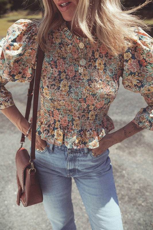 Floral Print Bubble Sleeve Ruffled Crop Top