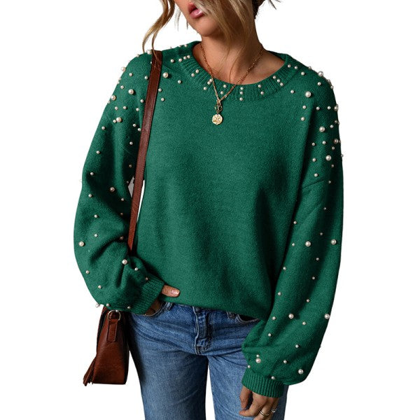 Pearled Drop Shoulder Round Neck Sweater